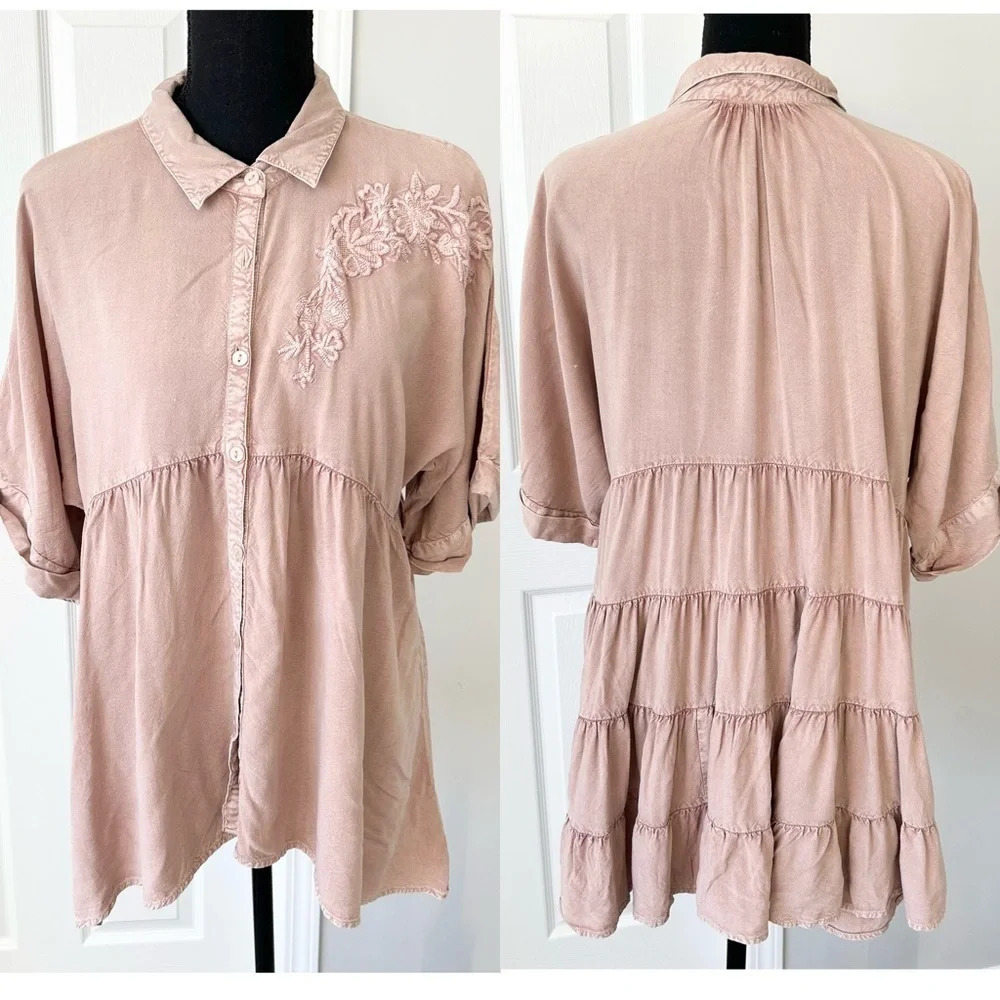 Solitaire Nude Blush Embroidery Tiered Back  Tunics